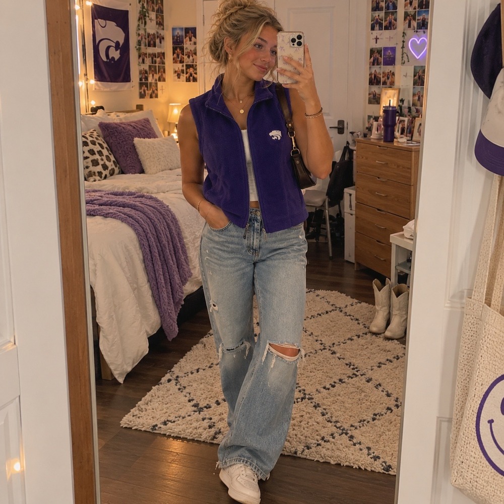 Vintage Antigua Kansas State Wildcats Purple Fleece Vest Small Full Zip NCAA